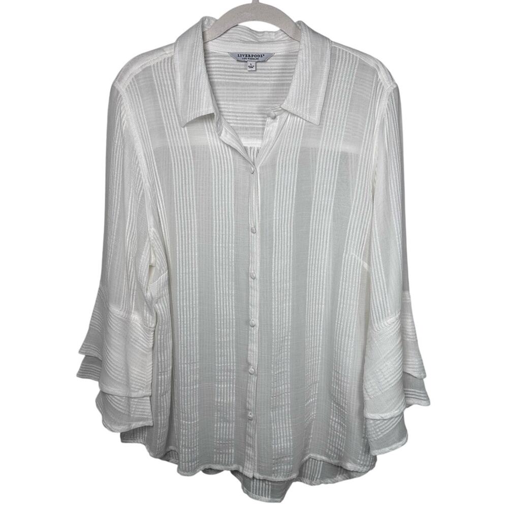 Liverpool White Collared Ruffle Sleeve Button Down Cotton Shirt Women's Large